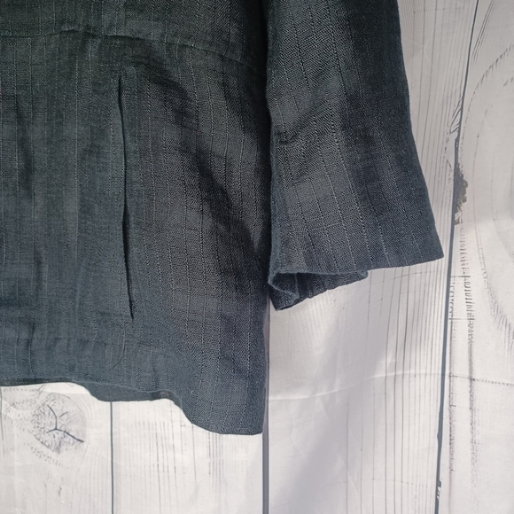 Eileen Fisher 3/4 Sleeve Black Striped Plaid 100% Linen Button-Up Blazer - Picture 4 of 14